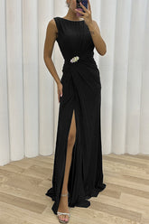 Vestido de noche elegante, formal, liso, con abertura y cuello redondo (3 colores)